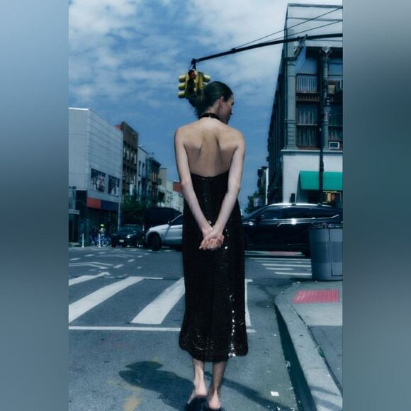 ZARA NEW WOMAN MIDI HALTER NECK KNIT DRESS WITH SEQUINS BLACK S - Picture 10 of 10